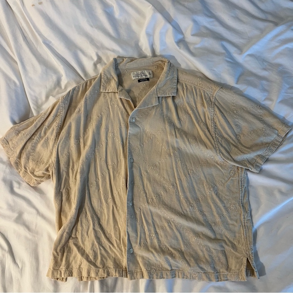 Men's Medium Beige Short Sleeve Linen Shirt